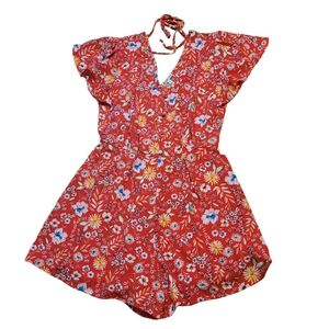 Charlotte Russe Red Floral Crepe Romper Sz S LOLITA Small Daisies V Neck